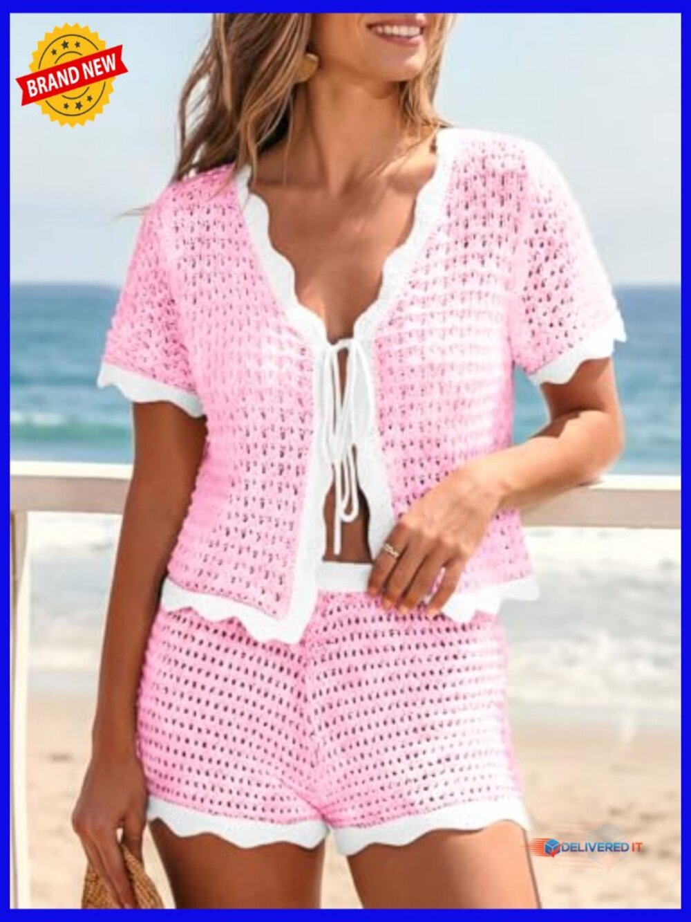 Crochet Cover Up 2 Piece Swimsuit Set Boho Beach Vacation Outfit - Picture 2 of 6